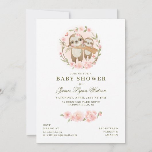 BABY SHOWER | Waterverf Baby Sloth & Parent Invi Kaart (Voorkant)