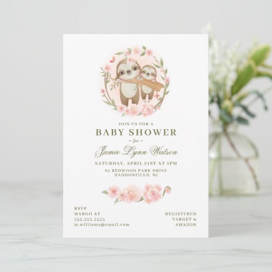 BABY SHOWER | Waterverf Baby Sloth & Parent Invi Kaart (Staand voorkant)