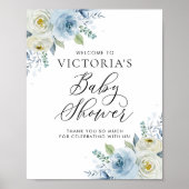 Baby shower waterverf Blauw en Ivory Rozen Poster (Voorkant)