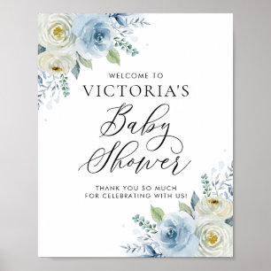 Baby shower waterverf Blauw en Ivory Rozen Poster