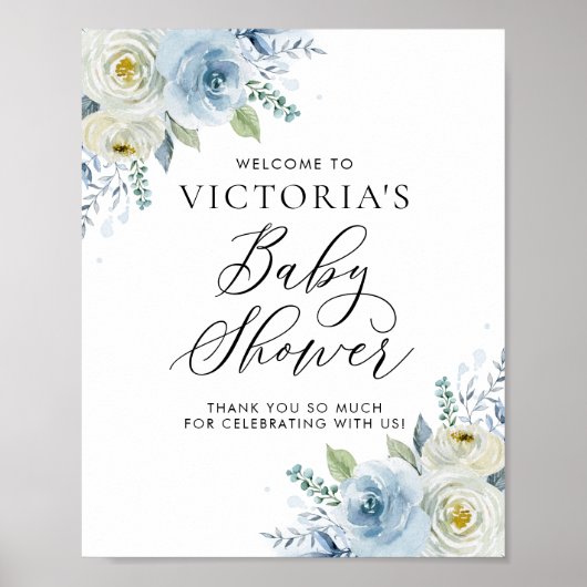 Baby shower waterverf Blauw en Ivory Rozen Poster (Voorkant)