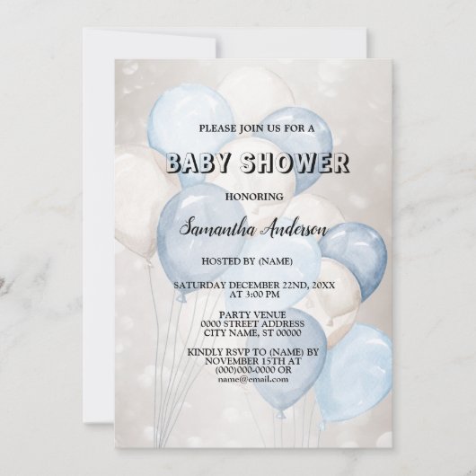 Baby shower Waterverf Blauw Wit Ballons Party Kaart (Voorkant)