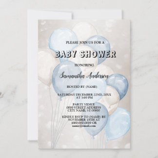 Baby shower Waterverf Blauw Wit Ballons Party Kaart