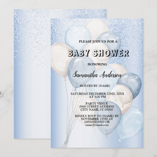 Baby shower Waterverf Blauw Wit Ballons Party Kaart (Voorkant / Achterkant)