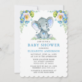 Baby Shower Waterverf Blauwe Bloem Olifant Kaart