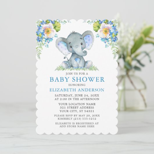 Baby Shower Waterverf Blauwe Bloem Olifant Kaart (Staand voorkant)
