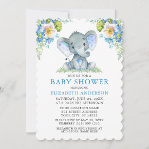 Baby Shower Waterverf Blauwe Bloem Olifant Kaart