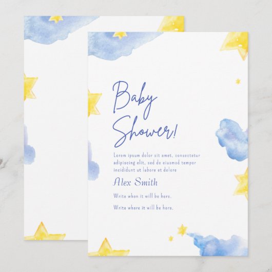 Baby shower waterverf blauwe uitnodiging (Voorkant / Achterkant)