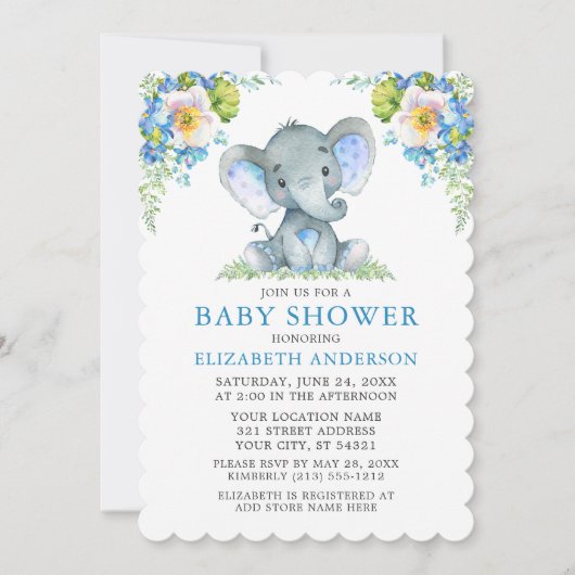 Baby shower Waterverf Blue Floral Elephant Kaart (Voorkant)