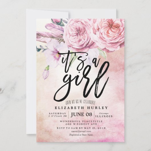 Baby shower Waterverf Bohemibloemen en veren Kaart (Voorkant)