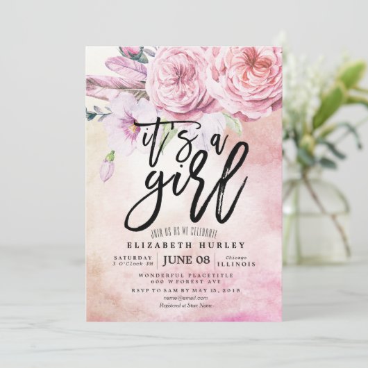 Baby shower Waterverf Bohemibloemen en veren Kaart (Staand voorkant)