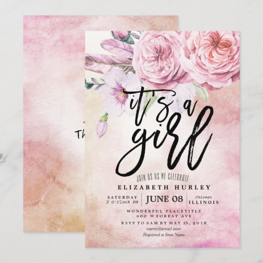 Baby shower Waterverf Bohemibloemen en veren Kaart (Voorkant / Achterkant)