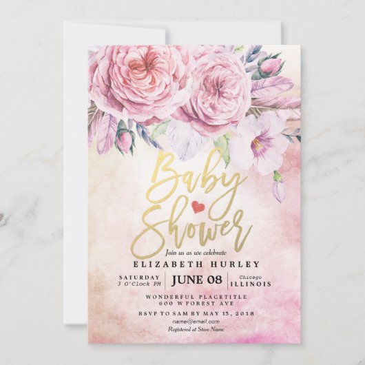 Baby shower Waterverf Bohemibloemen en veren Kaart (Voorkant)