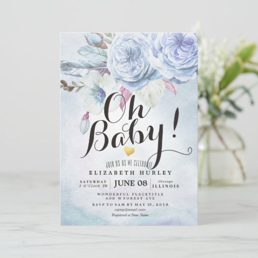 Baby shower Waterverf Bohemibloemen en veren Kaart (Staand voorkant)
