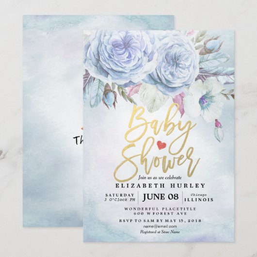 Baby shower Waterverf Bohemibloemen en veren Kaart (Voorkant / Achterkant)