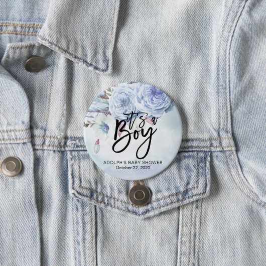 Baby shower Waterverf Bohemibloemen en veren Ronde Button 7,6 Cm (In situ)