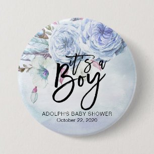 Baby shower Waterverf Bohemibloemen en veren Ronde Button 7,6 Cm