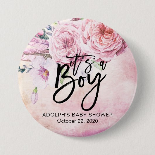 Baby shower Waterverf Bohemibloemen en veren Ronde Button 7,6 Cm (Voorkant)