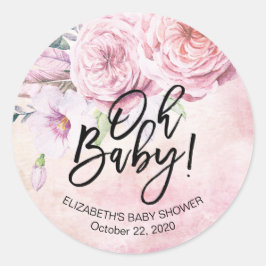 Baby shower Waterverf Bohemibloemen en veren Ronde Sticker