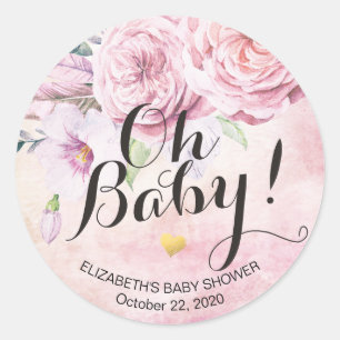 Baby shower Waterverf Bohemibloemen en veren Ronde Sticker