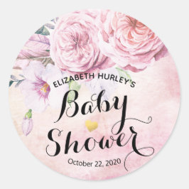 Baby shower Waterverf Bohemibloemen en veren Ronde Sticker