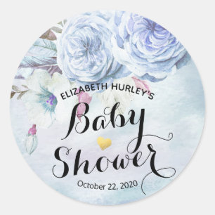Baby shower Waterverf Bohemibloemen en veren Ronde Sticker