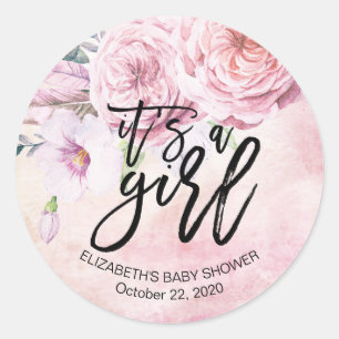 Baby shower Waterverf Bohemibloemen en veren Ronde Sticker