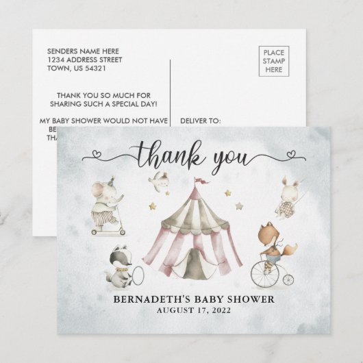 Baby Shower Waterverf Circus Bedankt Briefkaart (Voorkant / Achterkant)