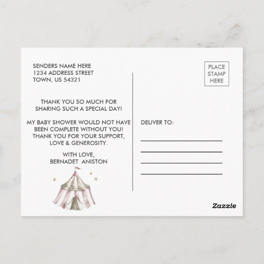 Baby shower Waterverf Circus Dank u Briefkaart (Achterkant)