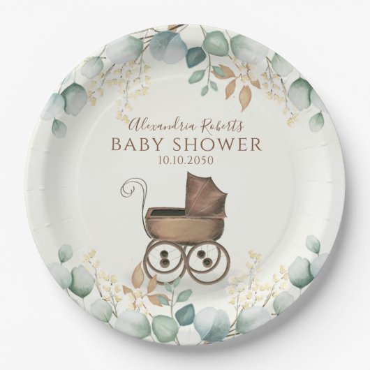 Baby shower Waterverf Cute Eucalyptus Leaves Papieren Bordje (Voorkant)