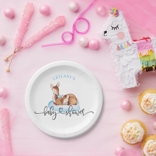 Baby shower Waterverf Deer Blue Cloud Papieren Bordje (Feest)
