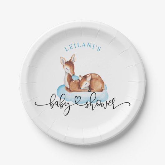 Baby shower Waterverf Deer Blue Cloud Papieren Bordje (Voorkant)