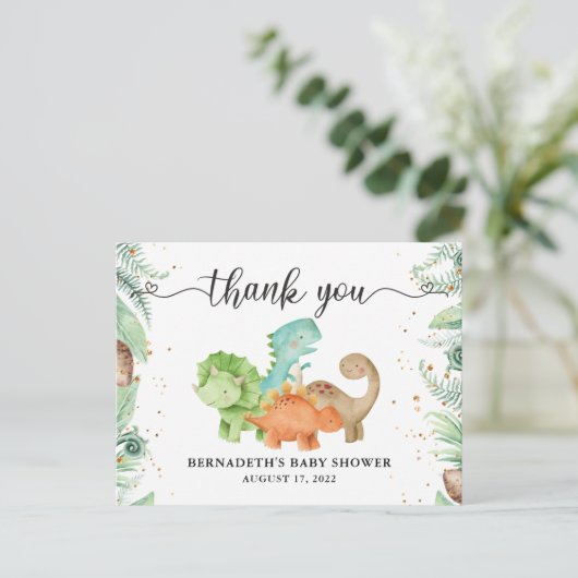 Baby shower Waterverf Dinosaur Dank u Briefkaart (Staand voorkant)