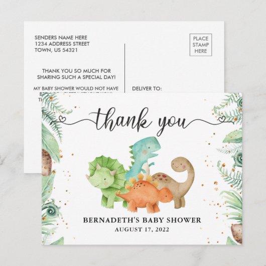 Baby shower Waterverf Dinosaur Dank u Briefkaart (Voorkant / Achterkant)