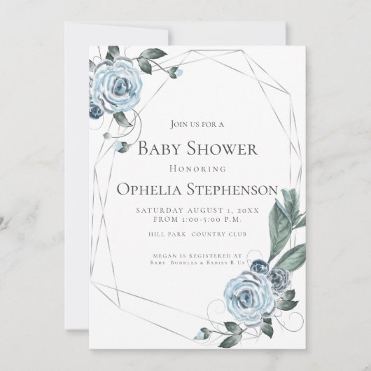 Baby Shower | Waterverf Dusty Blue Floral Aankondiging (Voorkant)