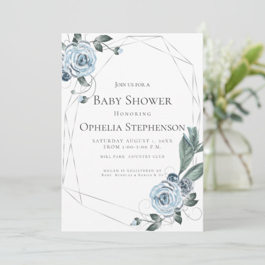 Baby Shower | Waterverf Dusty Blue Floral Aankondiging (Staand voorkant)