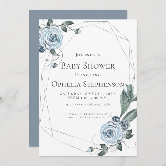 Baby Shower | Waterverf Dusty Blue Floral Aankondiging (Voorkant / Achterkant)