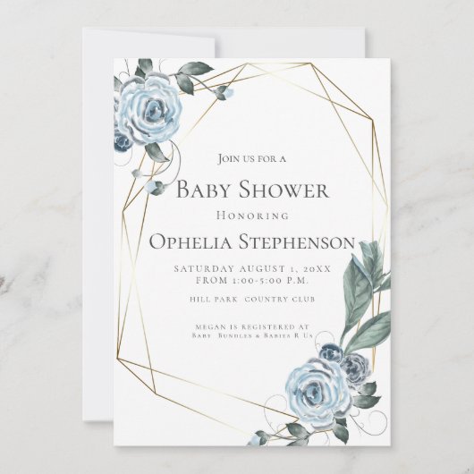 Baby Shower | Waterverf Dusty Blue Floral Aankondiging (Voorkant)