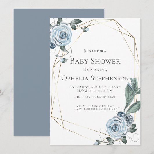 Baby Shower | Waterverf Dusty Blue Floral Aankondiging (Voorkant / Achterkant)