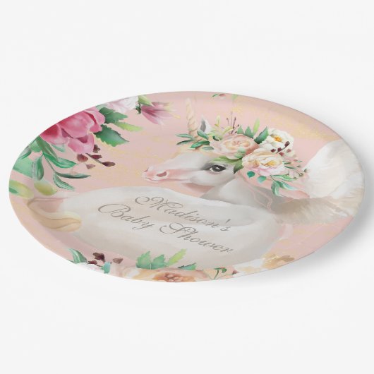 Baby shower Waterverf Floral Eenhoorn gepersonalis Papieren Bordje (Gekanteld)