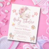 baby shower waterverf florale maan roze uitnodigin
