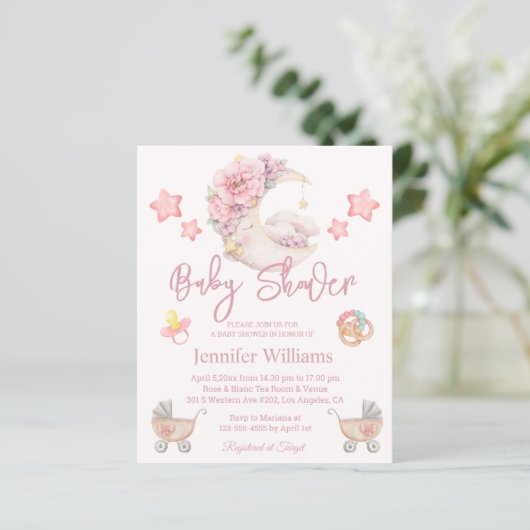 baby shower waterverf florale maan roze uitnodigin (Staand voorkant)