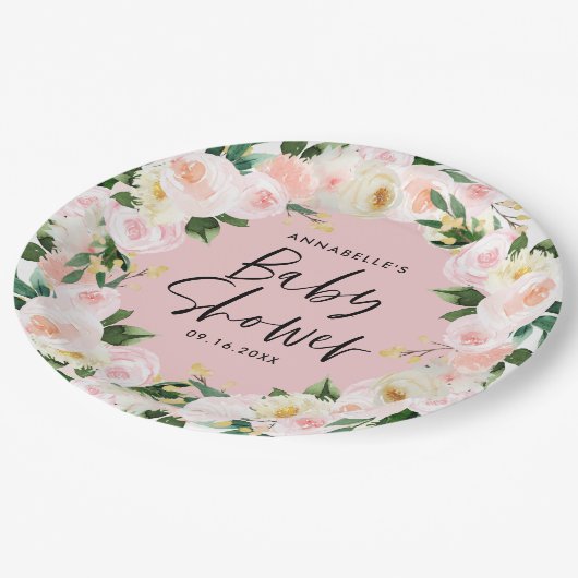 Baby shower waterverf geel girale script papieren bordje (Gekanteld)