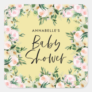 Baby shower waterverf geel girale script vierkante sticker