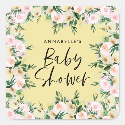 Baby shower waterverf geel girale script vierkante sticker (Voorkant)