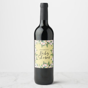 Baby shower waterverf geel girale script wijn etiket