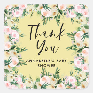 Baby shower waterverf gele florale dank vierkante sticker
