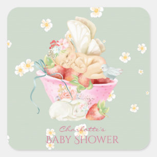 Baby shower Waterverf Girl Fairy Cute Rabbit Vierkante Sticker