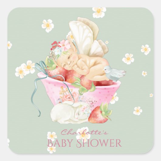 Baby shower Waterverf Girl Fairy Cute Rabbit Vierkante Sticker (Voorkant)