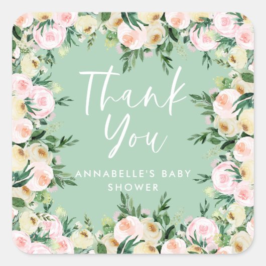 Baby shower waterverf girly dank u vierkante sticker (Voorkant)